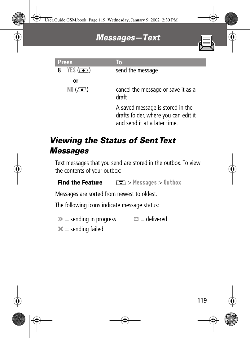 119Messages—Text Viewing the Status of Sent Text MessagesText messages that you send are stored in the outbox. To view the contents of your outbox:Messages are sorted from newest to oldest.The following icons indicate message status:8YES (J)orNO (L)send the messagecancel the message or save it as a draftA saved message is stored in the drafts folder, where you can edit it and send it at a later time.Find the FeatureM &gt; Messages &gt; Outboxá = sending in progress Y = deliveredm = sending failedPress ToUser.Guide.GSM.book  Page 119  Wednesday, January 9, 2002  2:30 PM