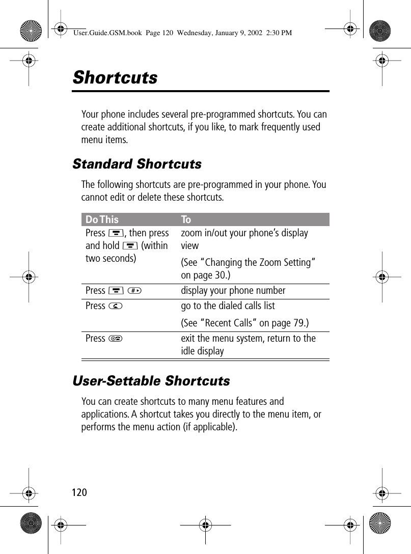 120ShortcutsYour phone includes several pre-programmed shortcuts. You can create additional shortcuts, if you like, to mark frequently used menu items.Standard ShortcutsThe following shortcuts are pre-programmed in your phone. You cannot edit or delete these shortcuts.User-Settable ShortcutsYou can create shortcuts to many menu features and applications. A shortcut takes you directly to the menu item, or performs the menu action (if applicable).Do This ToPress M, then press and hold M (within two seconds)zoom in/out your phone’s display view(See “Changing the Zoom Setting” on page 30.)Press M #display your phone numberPress Ngo to the dialed calls list(See “Recent Calls” on page 79.)Press Oexit the menu system, return to the idle displayUser.Guide.GSM.book  Page 120  Wednesday, January 9, 2002  2:30 PM