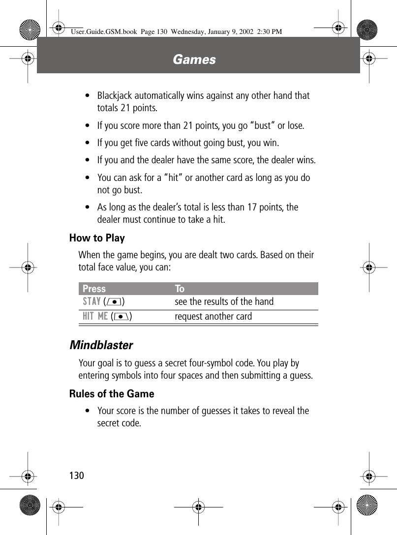 Games130• Blackjack automatically wins against any other hand that totals 21 points.• If you score more than 21 points, you go “bust” or lose.• If you get ﬁve cards without going bust, you win.• If you and the dealer have the same score, the dealer wins. • You can ask for a “hit” or another card as long as you do not go bust.• As long as the dealer’s total is less than 17 points, the dealer must continue to take a hit.How to PlayWhen the game begins, you are dealt two cards. Based on their total face value, you can:MindblasterYour goal is to guess a secret four-symbol code. You play by entering symbols into four spaces and then submitting a guess.Rules of the Game• Your score is the number of guesses it takes to reveal the secret code.Press ToSTAY (L) see the results of the handHIT ME (J) request another cardUser.Guide.GSM.book  Page 130  Wednesday, January 9, 2002  2:30 PM
