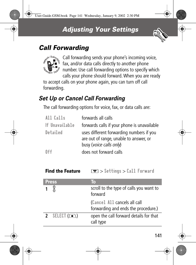 141Adjusting Your Settings Call ForwardingCall forwarding sends your phone’s incoming voice, fax, and/or data calls directly to another phone number. Use call forwarding options to specify which calls your phone should forward. When you are ready to accept calls on your phone again, you can turn off call forwarding.Set Up or Cancel Call ForwardingThe call forwarding options for voice, fax, or data calls are:All Calls  forwards all callsIf Unavailable  forwards calls if your phone is unavailableDetailed  uses different forwarding numbers if you are out of range, unable to answer, or busy (voice calls only)Off  does not forward callsFind the FeatureM &gt; Settings &gt; Call ForwardPress To1K scroll to the type of calls you want to forward(Cancel All cancels all call forwarding and ends the procedure.)2SELECT (J) open the call forward details for that call typeUser.Guide.GSM.book  Page 141  Wednesday, January 9, 2002  2:30 PM