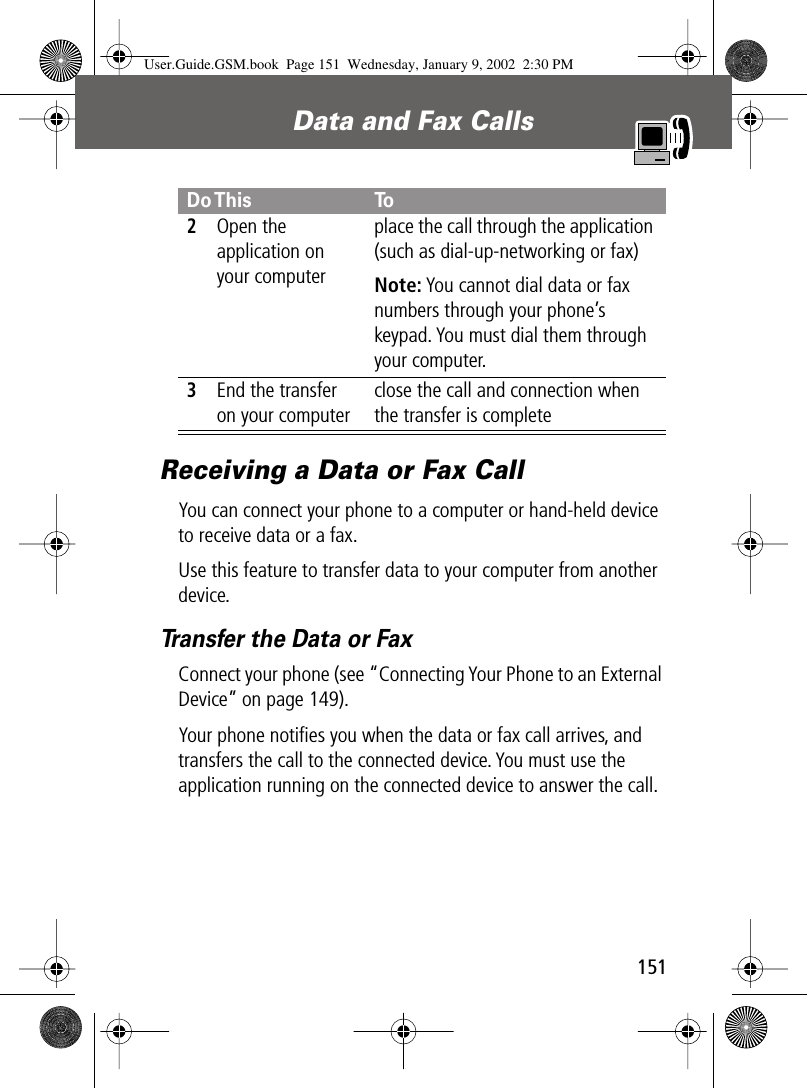 151Data and Fax Calls Receiving a Data or Fax CallYou can connect your phone to a computer or hand-held device to receive data or a fax.Use this feature to transfer data to your computer from another device.Transfer the Data or FaxConnect your phone (see “Connecting Your Phone to an External Device” on page 149).Your phone notiﬁes you when the data or fax call arrives, and transfers the call to the connected device. You must use the application running on the connected device to answer the call.2Open the application on your computerplace the call through the application (such as dial-up-networking or fax)Note: You cannot dial data or fax numbers through your phone’s keypad. You must dial them through your computer.3End the transfer on your computerclose the call and connection when the transfer is completeDo This ToUser.Guide.GSM.book  Page 151  Wednesday, January 9, 2002  2:30 PM