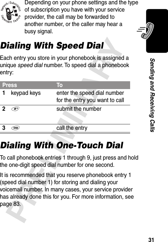 31PRELIMINARYSending and Receiving CallsDepending on your phone settings and the type of subscription you have with your service provider, the call may be forwarded to another number, or the caller may hear a busy signal.Dialing With Speed DialEach entry you store in your phonebook is assigned a unique speed dial number. To speed dial a phonebook entry:Dialing With One-Touch DialTo call phonebook entries 1 through 9, just press and hold the one-digit speed dial number for one second.It is recommended that you reserve phonebook entry 1 (speed dial number 1) for storing and dialing your voicemail number. In many cases, your service provider has already done this for you. For more information, see page 83.Press To1keypad keys enter the speed dial number for the entry you want to call2#  submit the number3N  call the entry