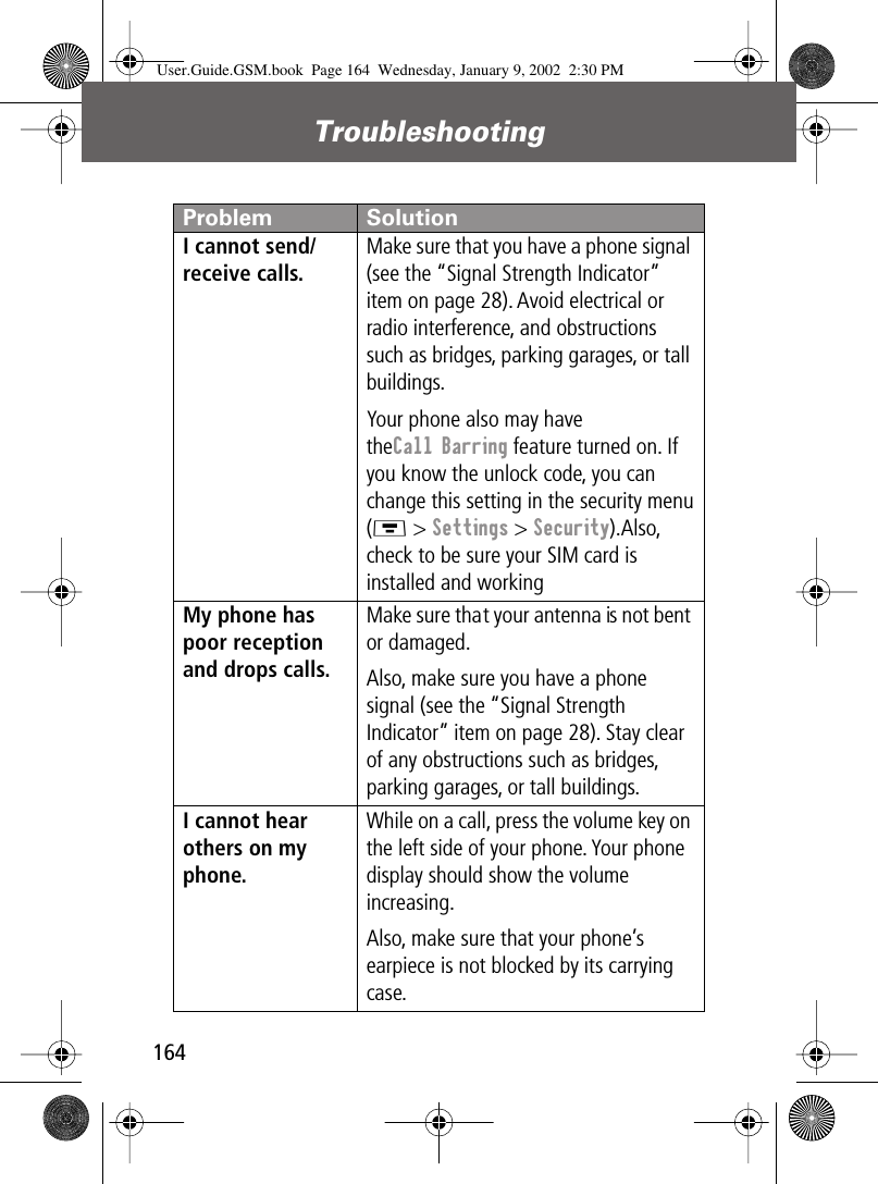 Troubleshooting164I cannot send/receive calls. Make sure that you have a phone signal (see the “Signal Strength Indicator” item on page 28). Avoid electrical or radio interference, and obstructions such as bridges, parking garages, or tall buildings.Your phone also may have theCall Barring feature turned on. If you know the unlock code, you can change this setting in the security menu(M &gt; Settings &gt; Security).Also, check to be sure your SIM card is installed and workingMy phone has poor reception and drops calls. Make sure that your antenna is not bent or damaged.Also, make sure you have a phone signal (see the “Signal Strength Indicator” item on page 28). Stay clear of any obstructions such as bridges, parking garages, or tall buildings.I cannot hear others on my phone. While on a call, press the volume key on the left side of your phone. Your phone display should show the volume increasing.Also, make sure that your phone’s earpiece is not blocked by its carrying case.Problem SolutionUser.Guide.GSM.book  Page 164  Wednesday, January 9, 2002  2:30 PM