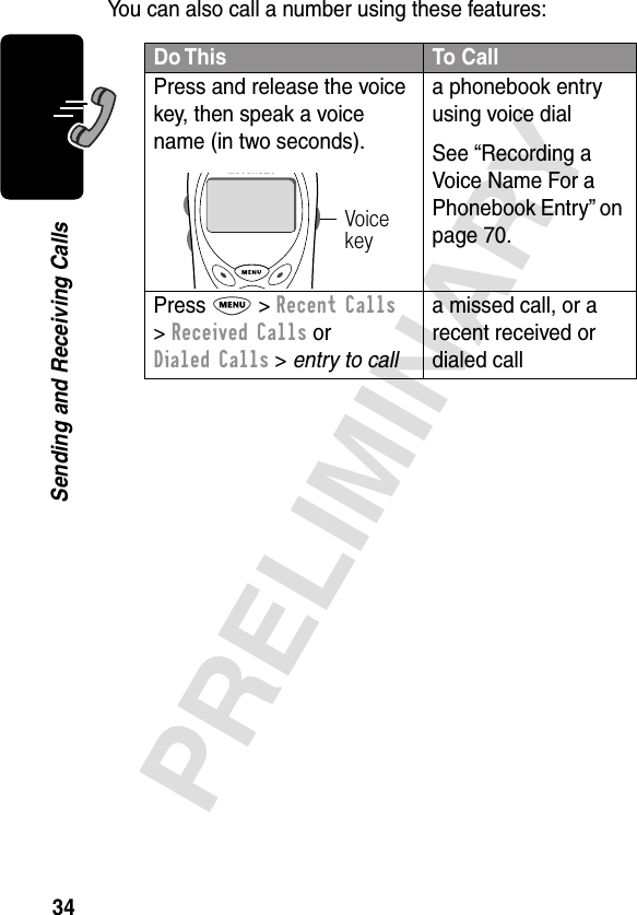 34PRELIMINARYSending and Receiving CallsYou can also call a number using these features:Do This To CallPress and release the voice key, then speak a voice name (in two seconds).a phonebook entry using voice dialSee “Recording a Voice Name For a Phonebook Entry” on page 70.Press M &gt; Recent Calls &gt; Received Calls or Dialed Calls &gt; entry to calla missed call, or a recent received or dialed callVoice key