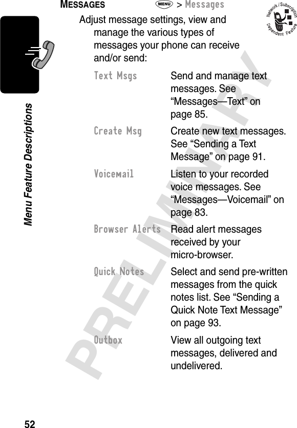 52PRELIMINARYMenu Feature DescriptionsMESSAGES  M&gt; MessagesAdjust message settings, view and manage the various types of messages your phone can receive and/or send:Text Msgs  Send and manage text messages. See “Messages—Tex t ” on page 85.Create Msg  Create new text messages. See “Sending a Text Message” on page 91.Voicemail  Listen to your recorded voice messages. See “Messages—Voicemail” on page 83.Browser Alerts  Read alert messages received by your micro-browser.Quick Notes  Select and send pre-written messages from the quick notes list. See “Sending a Quick Note Text Message” on page 93.Outbox  View all outgoing text messages, delivered and undelivered.