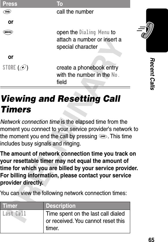 65PRELIMINARYRecent CallsViewing and Resetting Call TimersNetwork connection time is the elapsed time from the moment you connect to your service provider&apos;s network to the moment you end the call by pressing O. This time includes busy signals and ringing.The amount of network connection time you track on your resettable timer may not equal the amount of time for which you are billed by your service provider. For billing information, please contact your service provider directly. You can view the following network connection times:Press ToN orM orSTORE (+)call the numberopen the Dialing Menu to attach a number or insert a special charactercreate a phonebook entry with the number in the No. ﬁeldTimer DescriptionLast Call  Time spent on the last call dialed or received. You cannot reset this timer.