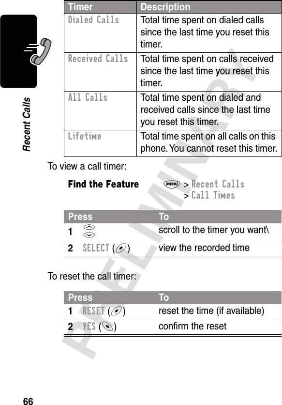 66PRELIMINARYRecent CallsTo view a call timer:To reset the call timer:Dialed Calls  Total time spent on dialed calls since the last time you reset this timer.Received Calls  Total time spent on calls received since the last time you reset this timer.All Calls  Total time spent on dialed and received calls since the last time you reset this timer.Lifetime  Total time spent on all calls on this phone. You cannot reset this timer.Find the FeatureM&gt; Recent Calls &gt; Call TimesPress To1S scroll to the timer you want\2SELECT (+)view the recorded timePress To1RESET (+)reset the time (if available)2YES (-)conﬁrm the resetTimer Description