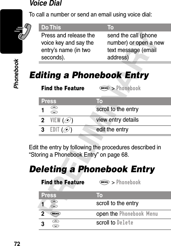 72PRELIMINARYPhonebookVoice DialTo call a number or send an email using voice dial:Editing a Phonebook EntryEdit the entry by following the procedures described in “Storing a Phonebook Entry” on page 68.Deleting a Phonebook EntryDo This ToPress and release the voice key and say the entry’s name (in two seconds).send the call (phone number) or open a new text message (email address)Find the FeatureM&gt; PhonebookPress To1S scroll to the entry2VIEW (+)view entry details3EDIT (+)  edit the entryFind the FeatureM&gt; PhonebookPress To1S scroll to the entry2M open the Phonebook Menu3 S scroll to Delete