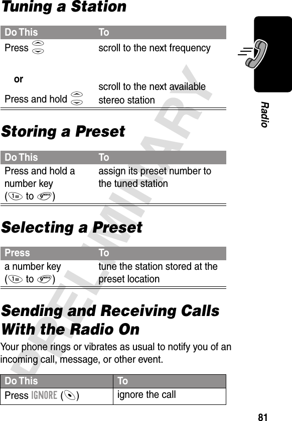 81PRELIMINARYRadioTuning a StationStoring a PresetSelecting a PresetSending and Receiving Calls With the Radio OnYour phone rings or vibrates as usual to notify you of an incoming call, message, or other event.Do This ToPress S orPress and hold S scroll to the next frequencyscroll to the next available stereo stationDo This ToPress and hold a number key (1 to 9)assign its preset number to the tuned stationPress Toa number key (1 to 9)tune the station stored at the preset locationDo This ToPress IGNORE (-)ignore the call