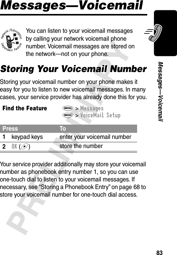 83PRELIMINARYMessages—VoicemailMessages—VoicemailYou can listen to your voicemail messages by calling your network voicemail phone number. Voicemail messages are stored on the network—not on your phone.Storing Your Voicemail NumberStoring your voicemail number on your phone makes it easy for you to listen to new voicemail messages. In many cases, your service provider has already done this for you.Your service provider additionally may store your voicemail number as phonebook entry number 1, so you can use one-touch dial to listen to your voicemail messages. If necessary, see “Storing a Phonebook Entry” on page 68 to store your voicemail number for one-touch dial access.Find the FeatureM&gt; MessagesM&gt; VoiceMail SetupPress To1keypad keys enter your voicemail number2OK (+)store the number