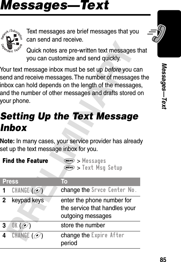 85PRELIMINARYMessages—TextMessages—TextText messages are brief messages that you can send and receive.Quick notes are pre-written text messages that you can customize and send quickly.Your text message inbox must be set up before you can send and receive messages. The number of messages the inbox can hold depends on the length of the messages, and the number of other messages and drafts stored on your phone.Setting Up the Text Message InboxNote: In many cases, your service provider has already set up the text message inbox for you.Find the FeatureM&gt; MessagesM&gt; Text Msg SetupPress To1CHANGE (+)change the Srvce Center No.2keypad keys enter the phone number for the service that handles your outgoing messages3OK (+)store the number4CHANGE (+)change the Expire After period