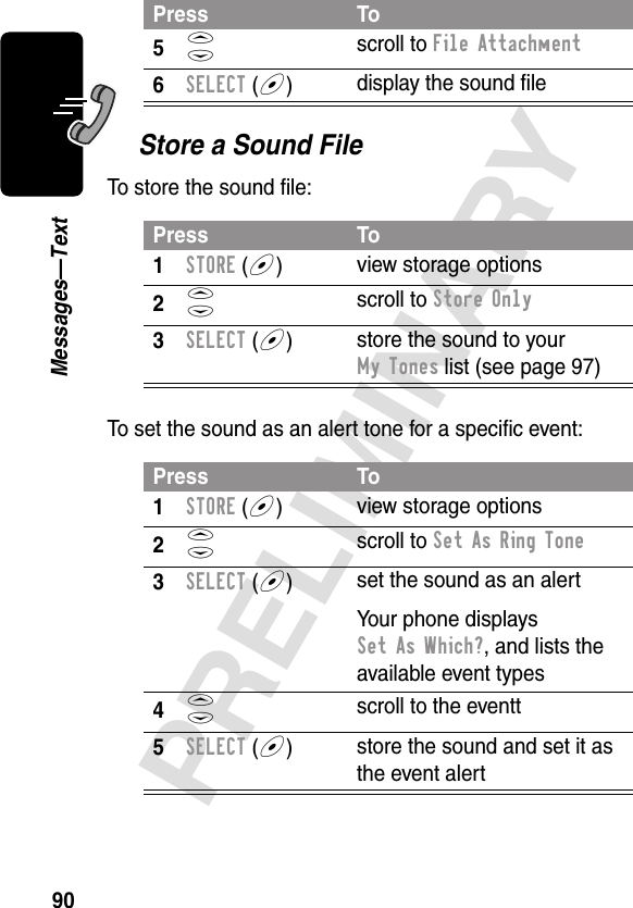 90PRELIMINARYMessages—TextStore a Sound FileTo store the sound ﬁle:To set the sound as an alert tone for a speciﬁc event:5S scroll to File Attachment6SELECT (+)display the sound ﬁlePress To1STORE (+)view storage options2S scroll to Store Only3SELECT (+)store the sound to your My Tones list (see page 97)Press To1STORE (+)view storage options2S scroll to Set As Ring Tone3SELECT (+)set the sound as an alertYour phone displays Set As Which?, and lists the available event types4S scroll to the eventt5SELECT (+)store the sound and set it as the event alertPress To