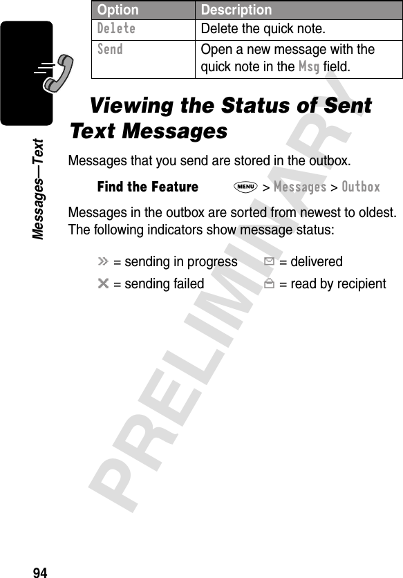 94PRELIMINARYMessages—TextViewing the Status of Sent Text MessagesMessages that you send are stored in the outbox.Messages in the outbox are sorted from newest to oldest. The following indicators show message status:Delete  Delete the quick note.Send  Open a new message with the quick note in the Msg ﬁeld.Find the FeatureM&gt; Messages &gt; Outboxá = sending in progressY = deliveredm = sending failedn = read by recipientOption Description