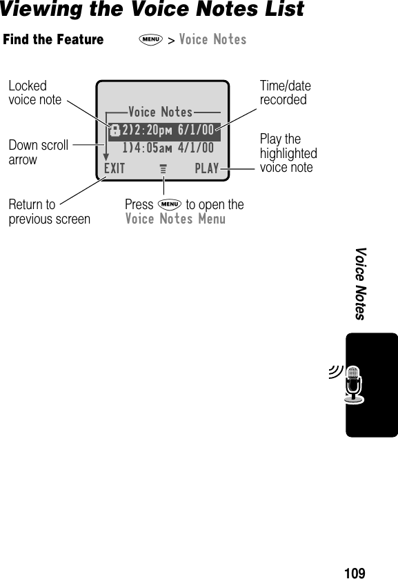 109Voice NotesViewing the Voice Notes ListFind the FeatureM&gt; Voice NotesVoice Notes2)2:20pm 6/1/00 1)4:05am 4/1/00EXIT PLAYf Press M to open theVoice Notes MenuPlay thehighlightedvoice noteReturn toprevious screenTime/daterecordedDown scrollarrowLockedvoice noteM 