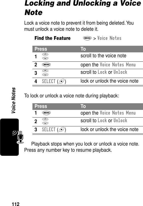 112Voice NotesLocking and Unlocking a Voice NoteLock a voice note to prevent it from being deleted. You must unlock a voice note to delete it.To lock or unlock a voice note during playback:Playback stops when you lock or unlock a voice note. Press any number key to resume playback.Find the FeatureM&gt; Voice NotesPress To1S scroll to the voice note2M open the Voice Notes Menu3S scroll to Lock or Unlock4SELECT (+)lock or unlock the voice notePress To1M open the Voice Notes Menu2S scroll to Lock or Unlock3SELECT (+)lock or unlock the voice note