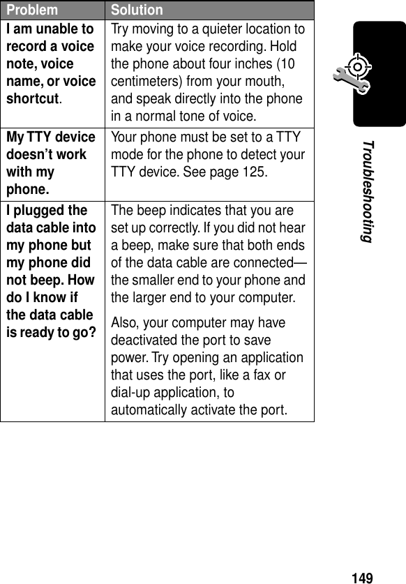 149TroubleshootingI am unable to record a voice note, voice name, or voice shortcut. Try moving to a quieter location to make your voice recording. Hold the phone about four inches (10 centimeters) from your mouth, and speak directly into the phone in a normal tone of voice.My TTY device doesn’t work with my phone. Your phone must be set to a TTY mode for the phone to detect your TTY device. See page 125.I plugged the data cable into my phone but my phone did not beep. How do I know if the data cable is ready to go? The beep indicates that you are set up correctly. If you did not hear a beep, make sure that both ends of the data cable are connected—the smaller end to your phone and the larger end to your computer.Also, your computer may have deactivated the port to save power. Try opening an application that uses the port, like a fax or dial-up application, to automatically activate the port.Problem Solution