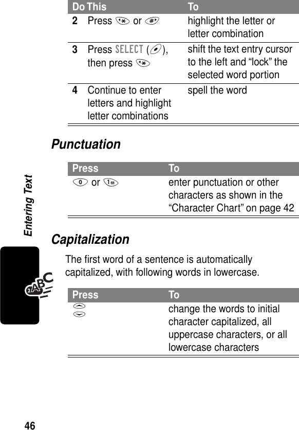 46Entering TextPunctuationCapitalizationThe ﬁrst word of a sentence is automatically capitalized, with following words in lowercase.2Press * or #highlight the letter or letter combination3Press SELECT (+), then press *shift the text entry cursor to the left and “lock” the selected word portion4Continue to enter letters and highlight letter combinationsspell the wordPress To0 or 1enter punctuation or other characters as shown in the “Character Chart” on page 42Press ToS change the words to initial character capitalized, all uppercase characters, or all lowercase charactersDo This To