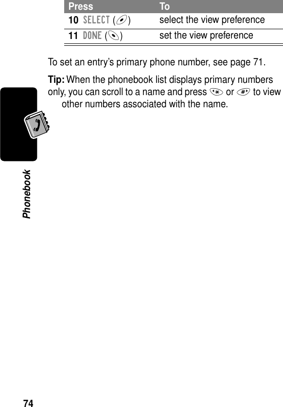 74PhonebookTo set an entry’s primary phone number, see page 71.Tip: When the phonebook list displays primary numbers only, you can scroll to a name and press * or # to view other numbers associated with the name.10SELECT (+)select the view preference11DONE (-)set the view preferencePress To