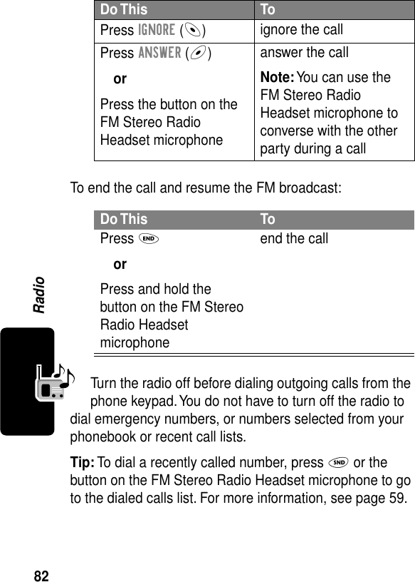 82RadioTo end the call and resume the FM broadcast:Turn the radio off before dialing outgoing calls from the phone keypad. You do not have to turn off the radio to dial emergency numbers, or numbers selected from your phonebook or recent call lists.Tip: To dial a recently called number, press N or the button on the FM Stereo Radio Headset microphone to go to the dialed calls list. For more information, see page 59.Do This ToPress IGNORE (-)ignore the callPress ANSWER (+)orPress the button on the FM Stereo Radio Headset microphoneanswer the callNote: You can use the FM Stereo Radio Headset microphone to converse with the other party during a callDo This ToPress OorPress and hold the button on the FM Stereo Radio Headset microphoneend the call