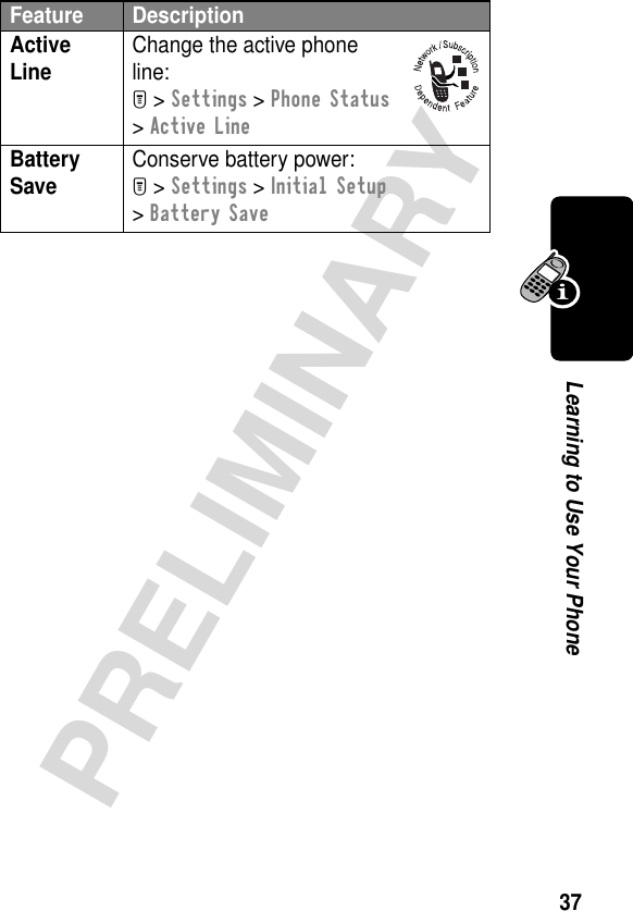 37PRELIMINARYLearning to Use Your PhoneActive Line Change the active phone line:M &gt; Settings &gt; Phone Status &gt; Active LineBattery Save Conserve battery power:M &gt; Settings &gt; Initial Setup &gt; Battery SaveFeature Description