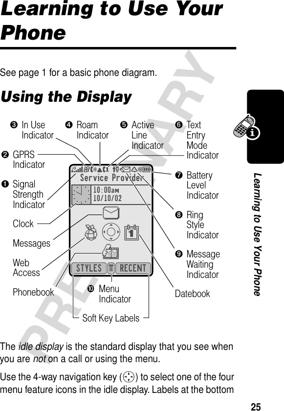 25PRELIMINARYLearning to Use Your PhoneLearning to Use Your PhoneSee page 1 for a basic phone diagram.Using the DisplayThe idle display is the standard display that you see when you are not on a call or using the menu.Use the 4-way navigation key (S) to select one of the four menu feature icons in the idle display. Labels at the bottom Service Provider10:00am10/10/02 RECENTSTYLES ebgUr)8?IP VQ5^➒MessageWaitingIndicatorClock➋GPRSIndicator➊SignalStrengthIndicator➐BatteryLevelIndicator➌In UseIndicator➍RoamIndicator➎ActiveLineIndicator➏TextEntryModeIndicator➑RingStyleIndicator➓MenuIndicatorSoft Key LabelsMessagesPhonebook DatebookWebAccess