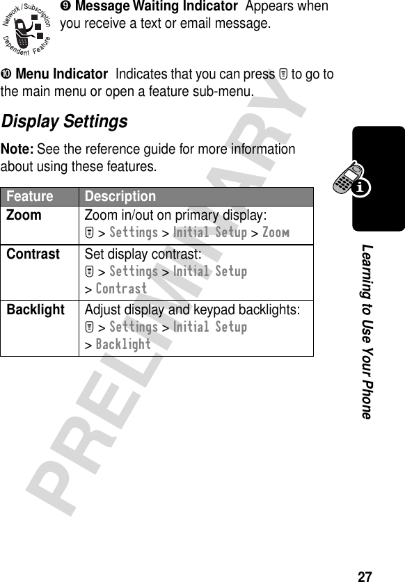 27PRELIMINARYLearning to Use Your Phone➒ Message Waiting Indicator  Appears when you receive a text or email message.➓ Menu Indicator  Indicates that you can press M to go to the main menu or open a feature sub-menu.Display SettingsNote: See the reference guide for more information about using these features.Feature DescriptionZoom  Zoom in/out on primary display:M &gt; Settings &gt; Initial Setup &gt; ZoomContrast  Set display contrast:M &gt; Settings &gt; Initial Setup &gt; ContrastBacklight  Adjust display and keypad backlights:M &gt; Settings &gt; Initial Setup &gt; Backlight