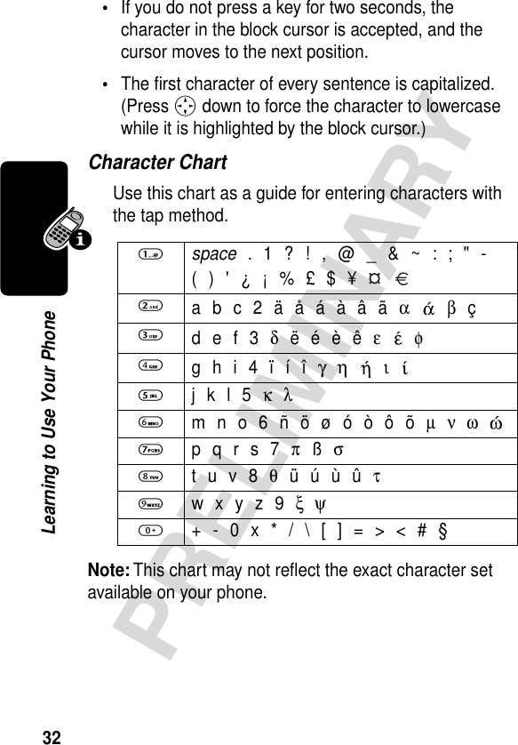 32PRELIMINARYLearning to Use Your Phone•If you do not press a key for two seconds, the character in the block cursor is accepted, and the cursor moves to the next position.•The ﬁrst character of every sentence is capitalized. (Press S down to force the character to lowercase while it is highlighted by the block cursor.)Character ChartUse this chart as a guide for entering characters with the tap method.Note: This chart may not reﬂect the exact character set available on your phone.1 space . 1 ? ! , @ _ &amp; ~ : ; &quot; -( ) &apos; ¿ ¡ % £ $ ¥   2 a b c 2 ä å á à â ã α  β ç3 d e f 3 δ ë é è ê ε  φ4 g h i 4 ï í î γ η  ι 5  j k l 5 κ λ6 m n o 6 ñ ö ø ó ò ô õ µ ν ω 7  p q r s 7 π ß σ8  t u v 8 θ ü ú ù û τ9  w x y z 9 ξ ψ0  + - 0 x * / \ [ ] = &gt; &lt; # §