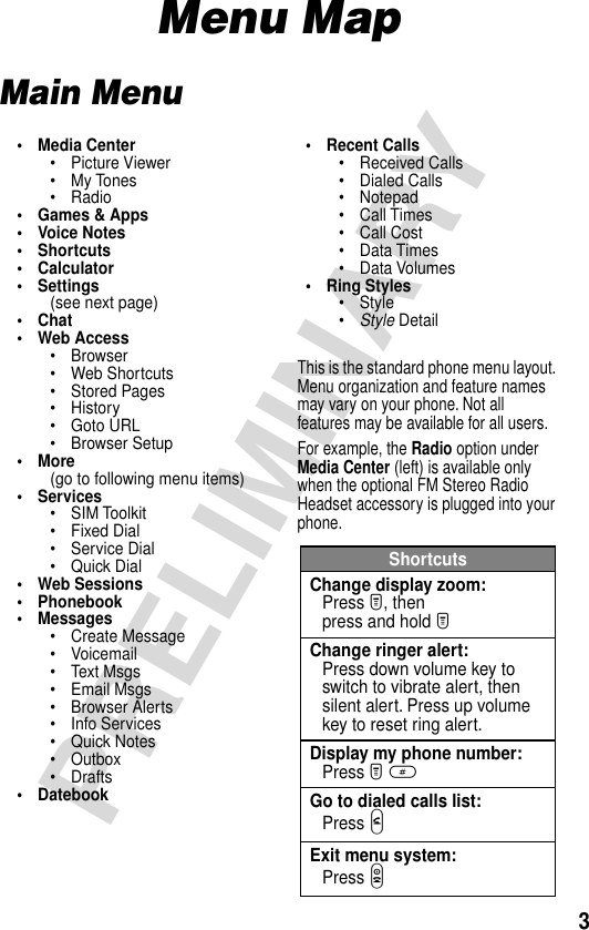  3 PRELIMINARY Menu Map Main Menu• Media Center• Picture Viewer• My Tones• Radio• Games &amp; Apps• Voice Notes• Shortcuts• Calculator• Settings(see next page)• Chat• Web Access• Browser• Web Shortcuts• Stored Pages• History• Goto URL• Browser Setup• More(go to following menu items)• Services• SIM Toolkit• Fixed Dial• Service Dial• Quick Dial• Web Sessions• Phonebook• Messages• Create Message• Voicemail• Text Msgs• Email Msgs• Browser Alerts• Info Services• Quick Notes• Outbox• Drafts• Datebook• Recent Calls• Received Calls• Dialed Calls• Notepad• Call Times• Call Cost• Data Times• Data Volumes• Ring Styles• Style•Style DetailThis is the standard phone menu layout. Menu organization and feature names may vary on your phone. Not all features may be available for all users.For example, the Radio option under Media Center (left) is available only when the optional FM Stereo Radio Headset accessory is plugged into your phone.ShortcutsChange display zoom:Press M, thenpress and hold MChange ringer alert:Press down volume key to switch to vibrate alert, then silent alert. Press up volume key to reset ring alert.Display my phone number:Press M #Go to dialed calls list:Press NExit menu system:Press O