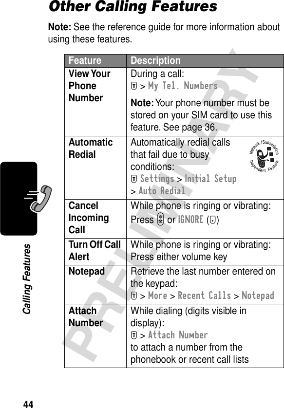 44PRELIMINARYCalling FeaturesOther Calling FeaturesNote: See the reference guide for more information about using these features.Feature DescriptionView Your Phone Number During a call:M &gt; My Tel. NumbersNote: Your phone number must be stored on your SIM card to use this feature. See page 36.Automatic Redial Automatically redial calls that fail due to busy conditions:M Settings &gt; Initial Setup &gt; Auto RedialCancel Incoming Call While phone is ringing or vibrating:Press O or IGNORE (-)Turn Off Call Alert  While phone is ringing or vibrating:Press either volume keyNotepad  Retrieve the last number entered on the keypad:M &gt; More &gt; Recent Calls &gt; NotepadAttach Number While dialing (digits visible in display):M &gt; Attach Numberto attach a number from the phonebook or recent call lists