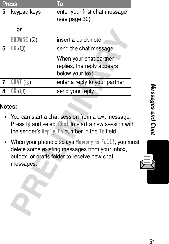 51PRELIMINARYMessages and ChatNotes: •You can start a chat session from a text message. Press M and select Chat to start a new session with the sender’s Reply To number in the To ﬁeld.•When your phone displays Memory is Full!, you must delete some existing messages from your inbox, outbox, or drafts folder to receive new chat messages.5keypad keysorBROWSE (+)enter your ﬁrst chat message (see page 30)insert a quick note6OK (+) send the chat messageWhen your chat partner replies, the reply appears below your text.7CHAT (+) enter a reply to your partner8OK (+) send your replyPress To