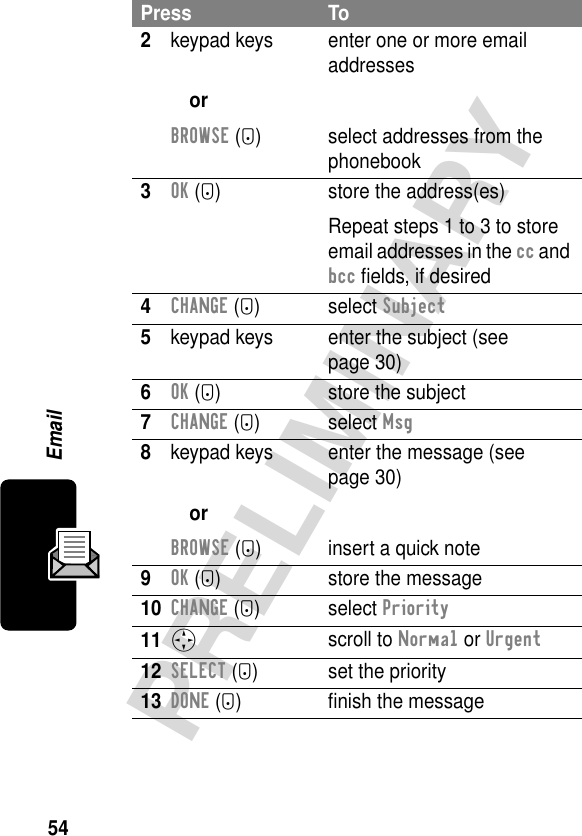 54PRELIMINARYEmail2keypad keysorBROWSE (+)enter one or more email addressesselect addresses from the phonebook3OK (+) store the address(es)Repeat steps 1 to 3 to store email addresses in the cc and bcc ﬁelds, if desired4CHANGE (+) select Subject5keypad keys enter the subject (see page 30)6OK (+) store the subject7CHANGE (+) select Msg8keypad keysorBROWSE (-)enter the message (see page 30)insert a quick note9OK (+) store the message10CHANGE (+) select Priority11S scroll to Normal or Urgent12SELECT (+) set the priority13DONE (-) ﬁnish the messagePress To