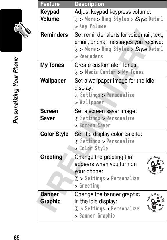 66PRELIMINARYPersonalizing Your PhoneKeypad Volume Adjust keypad keypress volume:M &gt; More &gt; Ring Styles &gt; Style Detail &gt; Key VolumeReminders  Set reminder alerts for voicemail, text, email, or chat messages you receive:M &gt; More &gt; Ring Styles &gt; Style Detail &gt; RemindersMy Tones  Create custom alert tones:M &gt; Media Center &gt; My TonesWallpaper  Set a wallpaper image for the idle display:M Settings &gt; Personalize &gt; WallpaperScreen Saver Set a screen saver image:M Settings &gt; Personalize &gt; Screen SaverColor Style  Set the display color palette:M Settings &gt; Personalize &gt; Color StyleGreeting  Change the greeting that appears when you turn on your phone:M &gt; Settings &gt; Personalize &gt; GreetingBanner Graphic Change the banner graphic in the idle display:M &gt; Settings &gt; Personalize &gt; Banner GraphicFeature Description