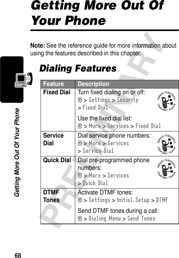 68PRELIMINARYGetting More Out Of Your PhoneGetting More Out Of Your PhoneNote: See the reference guide for more information about using the features described in this chapter.Dialing FeaturesFeature DescriptionFixed Dial  Turn ﬁxed dialing on or off:M &gt; Settings &gt; Security &gt; Fixed DialUse the ﬁxed dial list:M &gt; More &gt; Services &gt; Fixed DialService Dial Dial service phone numbers:M &gt; More &gt; Services &gt; Service DialQuick Dial  Dial pre-programmed phone numbers:M &gt; More &gt; Services &gt; Quick DialDTMF Tones Activate DTMF tones:M &gt; Settings &gt; Initial Setup &gt; DTMFSend DTMF tones during a call:M &gt; Dialing Menu &gt; Send Tones