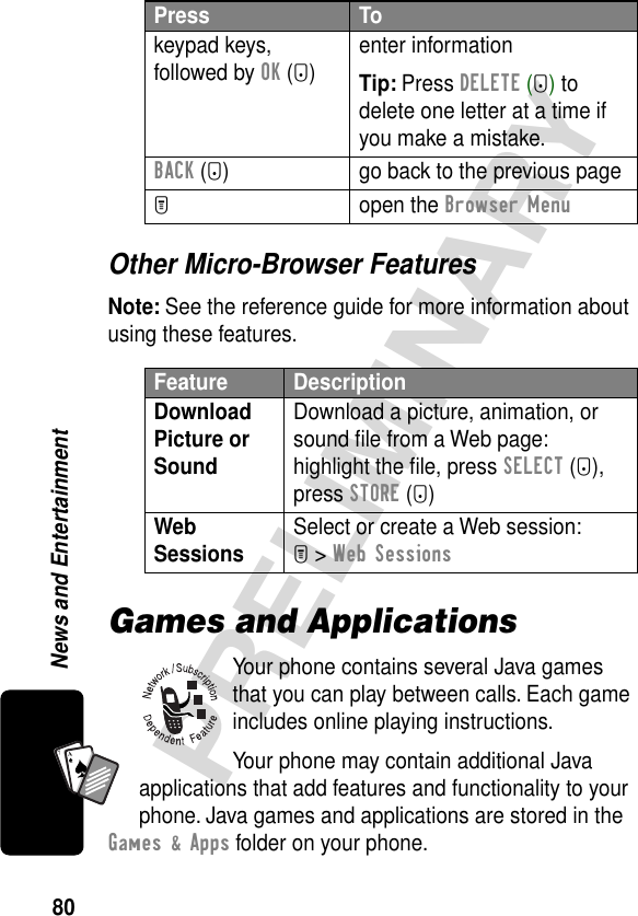 80PRELIMINARYNews and EntertainmentA7AOther Micro-Browser FeaturesNote: See the reference guide for more information about using these features.Games and ApplicationsYour phone contains several Java games that you can play between calls. Each game includes online playing instructions.Your phone may contain additional Java applications that add features and functionality to your phone. Java games and applications are stored in the Games &amp; Apps folder on your phone.keypad keys, followed by OK (+)enter informationTip: Press DELETE (-) to delete one letter at a time if you make a mistake.BACK (-) go back to the previous pageM open the Browser MenuFeature DescriptionDownload Picture or Sound Download a picture, animation, or sound ﬁle from a Web page:highlight the ﬁle, press SELECT (+), press STORE (+)Web Sessions Select or create a Web session:M &gt; Web SessionsPress To