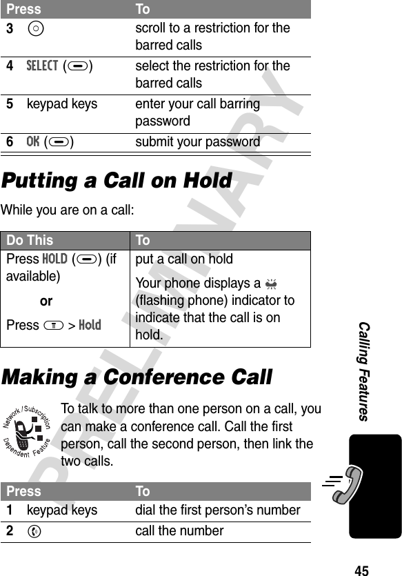 45PRELIMINARYCalling FeaturesPutting a Call on HoldWhile you are on a call:Making a Conference CallTo talk to more than one person on a call, you can make a conference call. Call the first person, call the second person, then link the two calls.3S scroll to a restriction for the barred calls4SELECT(+) select the restriction for the barred calls5keypad keys enter your call barring password6OK(+) submit your passwordDo This ToPress HOLD(+) (if available)orPress M &gt; Holdput a call on holdYour phone displays a l (flashing phone) indicator to indicate that the call is on hold.Press To1keypad keys dial the first person’s number2N call the numberPress To