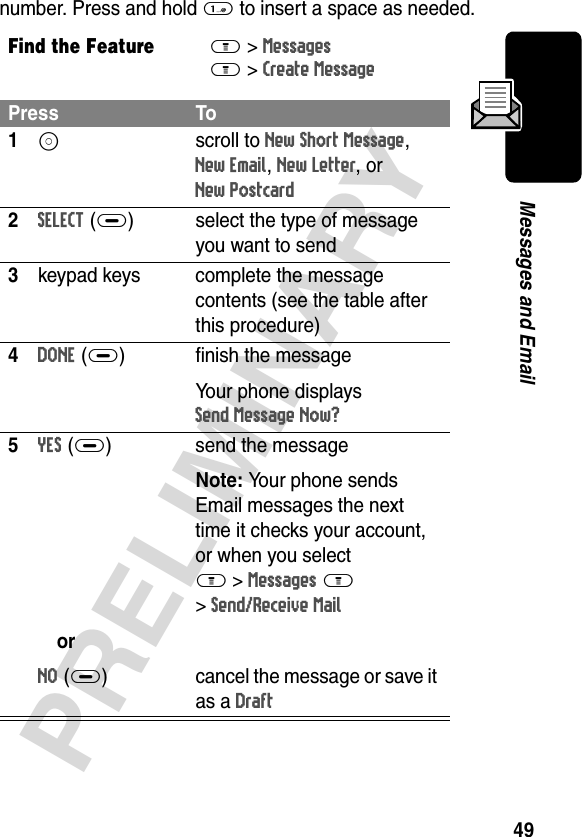 49PRELIMINARYMessages and Emailnumber. Press and hold 1 to insert a space as needed.Find the FeatureM&gt;MessagesM&gt;Create MessagePress To1S scroll to New Short Message, New Email, New Letter, or New Postcard 2SELECT (+) select the type of message you want to send3keypad keys complete the message contents (see the table after this procedure)4DONE(+) finish the messageYour phone displays Send Message Now?5YES(+)orNO(+)send the messageNote: Your phone sends Email messages the next time it checks your account, or when you selectM &gt;Messages M &gt;Send/Receive Mailcancel the message or save it as a Draft