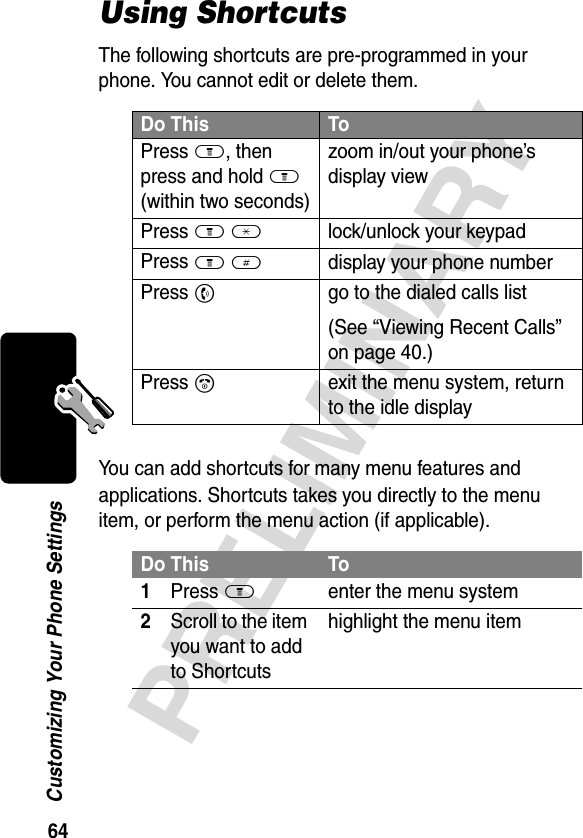 64PRELIMINARYCustomizing Your Phone SettingsUsing ShortcutsThe following shortcuts are pre-programmed in your phone. You cannot edit or delete them.You can add shortcuts for many menu features and applications. Shortcuts takes you directly to the menu item, or perform the menu action (if applicable).Do This ToPress M, then press and hold M (within two seconds)zoom in/out your phone’s display viewPress M*lock/unlock your keypadPress M#display your phone numberPress Ngo to the dialed calls list(See “Viewing Recent Calls” on page 40.)Press Oexit the menu system, return to the idle displayDo This To1Press Menter the menu system2Scroll to the item you want to add to Shortcutshighlight the menu item