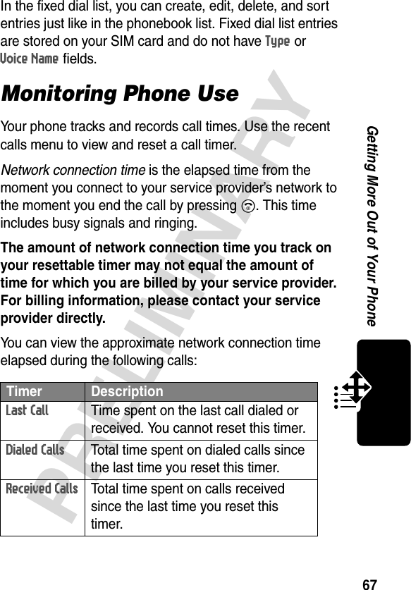 67PRELIMINARYGetting More Out of Your PhoneIn the fixed dial list, you can create, edit, delete, and sort entries just like in the phonebook list. Fixed dial list entries are stored on your SIM card and do not have Type or Voice Name fields.Monitoring Phone UseYour phone tracks and records call times. Use the recent calls menu to view and reset a call timer.Network connection time is the elapsed time from the moment you connect to your service provider’s network to the moment you end the call by pressing O. This time includes busy signals and ringing.The amount of network connection time you track on your resettable timer may not equal the amount of time for which you are billed by your service provider. For billing information, please contact your service provider directly. You can view the approximate network connection time elapsed during the following calls:Timer DescriptionLast Call  Time spent on the last call dialed or received. You cannot reset this timer.Dialed Calls  Total time spent on dialed calls since the last time you reset this timer.Received Calls  Total time spent on calls received since the last time you reset this timer.