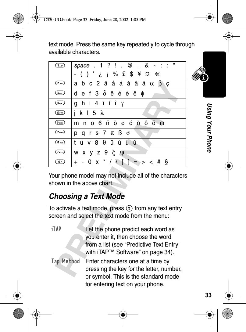 33PRELIMINARYUsing Your Phonetext mode. Press the same key repeatedly to cycle through available characters.Your phone model may not include all of the characters shown in the above chart.Choosing a Text ModeTo activate a text mode, press M from any text entry screen and select the text mode from the menu:1 space . 1 ? ! , @ _ &amp; ~ : ; &quot;- ( ) &apos; ¿ ¡ % £ $ ¥   2 a b c 2 ä å á à â ã α β ç3 d e f 3 δ ë é è ê φ4 g h i 4 ï í î γ5 j k l 5 λ6 m n o 6 ñ ö ø ó ò ô õ ω7 p q r s 7 π ß σ8 t u v 8 θ ü ú ù û9 w x y z 9 ξ  ψ0  + - 0 x * / \ [ ] = &gt; &lt; # §iTAP  Let the phone predict each word as you enter it, then choose the word from a list (see “Predictive Text Entry with iTAP™ Software” on page 34).Tap Method  Enter characters one at a time by pressing the key for the letter, number, or symbol. This is the standard mode for entering text on your phone.C330.UG.book  Page 33  Friday, June 28, 2002  1:05 PM