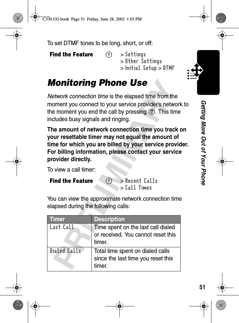 51PRELIMINARYGetting More Out of Your PhoneTo set DTMF tones to be long, short, or off:Monitoring Phone UseNetwork connection time is the elapsed time from the moment you connect to your service provider’s network to the moment you end the call by pressing O. This time includes busy signals and ringing.The amount of network connection time you track on your resettable timer may not equal the amount of time for which you are billed by your service provider. For billing information, please contact your service provider directly. To view a call timer:You can view the approximate network connection time elapsed during the following calls:Find the FeatureM&gt;Settings &gt;Other Settings &gt;Initial Setup &gt;DTMFFind the FeatureM&gt;Recent Calls &gt;Call TimesTimer DescriptionLast Call  Time spent on the last call dialed or received. You cannot reset this timer.Dialed Calls  Total time spent on dialed calls since the last time you reset this timer.C330.UG.book  Page 51  Friday, June 28, 2002  1:05 PM