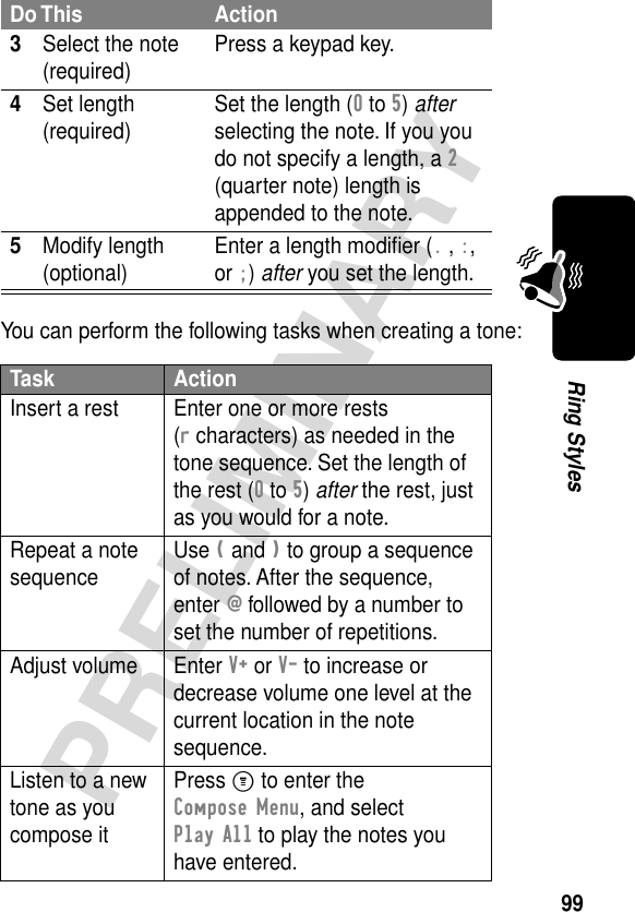 99PRELIMINARYRing StylesYou can perform the following tasks when creating a tone:3Select the note (required) Press a keypad key.4Set length (required) Set the length (0 to 5) after selecting the note. If you you do not specify a length, a 2 (quarter note) length is appended to the note.5Modify length (optional) Enter a length modiﬁer (. , :, or ;) after you set the length.Task ActionInsert a rest Enter one or more rests (r characters) as needed in the tone sequence. Set the length of the rest (0 to 5) after the rest, just as you would for a note.Repeat a note sequence Use ( and ) to group a sequence of notes. After the sequence, enter @ followed by a number to set the number of repetitions.Adjust volume Enter V+ or V- to increase or decrease volume one level at the current location in the note sequence.Listen to a new tone as you compose itPress M to enter the Compose Menu, and select Play All to play the notes you have entered.Do This Action