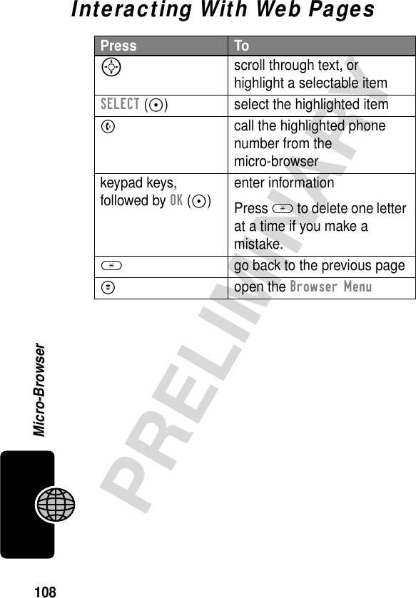 108PRELIMINARYMicro-BrowserInteracting With Web PagesPress ToS scroll through text, or highlight a selectable itemSELECT (+) select the highlighted itemN  call the highlighted phone number from the micro-browserkeypad keys, followed by OK (+)enter informationPress * to delete one letter at a time if you make a mistake.*  go back to the previous pageM open the Browser Menu