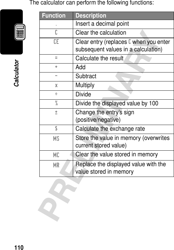 110PRELIMINARYCalculatorThe calculator can perform the following functions:Function Description.  Insert a decimal pointC  Clear the calculationCE  Clear entry (replaces C when you enter subsequent values in a calculation)=  Calculate the result+ Add- Subtractx MultiplyÖ Divide%  Divide the displayed value by 100±  Change the entry’s sign(positive/negative)$  Calculate the exchange rateMS Store the value in memory (overwrites current stored value)MC Clear the value stored in memoryMR Replace the displayed value with the value stored in memory