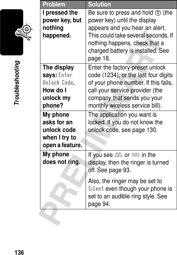 136PRELIMINARYTroubleshootingI pressed the power key, but nothing happened. Be sure to press and hold P (the power key) until the display appears and you hear an alert. This could take several seconds. If nothing happens, check that a charged battery is installed. See page 18.The display says: Enter Unlock Code. How do I unlock my phone? Enter the factory-preset unlock code (1234), or the last four digits of your phone number. If this fails, call your service provider (the company that sends you your monthly wireless service bill). My phone asks for an unlock code when I try to open a feature. The application you want is locked. If you do not know the unlock code, see page 130.My phone does not ring.  If you see t or y in the display, then the ringer is turned off. See page 93.Also, the ringer may be set to Silent even though your phone is set to an audible ring style. See page 94.Problem Solution