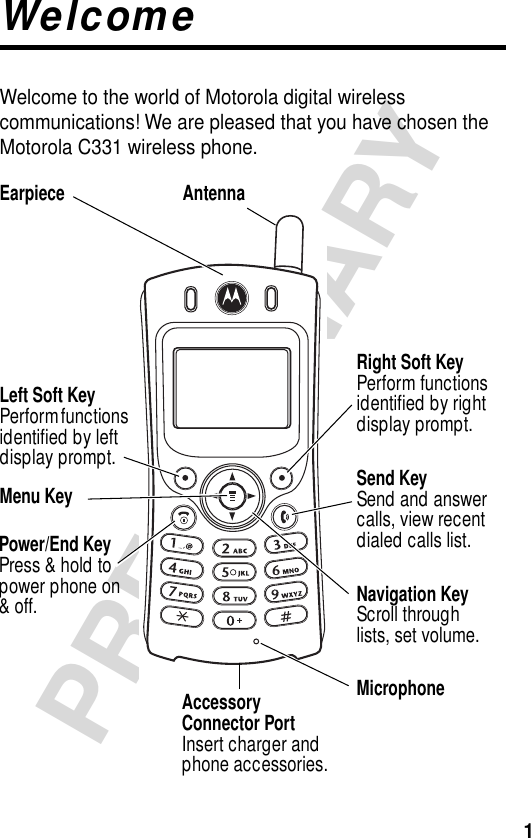  1 PRELIMINARY Welcome Welcome to the world of Motorola digital wireless communications! We are pleased that you have chosen the Motorola C331 wireless phone.Antenna Power/End KeyPress &amp; hold to power phone on &amp; off.Left Soft KeyPerform functions identiﬁed by left display prompt.Earpiece Menu Key Right Soft KeyPerform functionsidentiﬁed by rightdisplay prompt.Send KeySend and answercalls, view recentdialed calls list.AccessoryConnector PortInsert charger andphone accessories.Microphone Navigation KeyScroll throughlists, set volume.