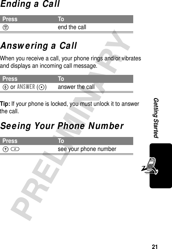 21PRELIMINARYGetting StartedEnding a CallAnswering a CallWhen you receive a call, your phone rings and/or vibrates and displays an incoming call message.Tip: If your phone is locked, you must unlock it to answer the call.Seeing Your Phone NumberPress ToO  end the callPress ToN or ANSWER (+) answer the callPress ToM #see your phone number