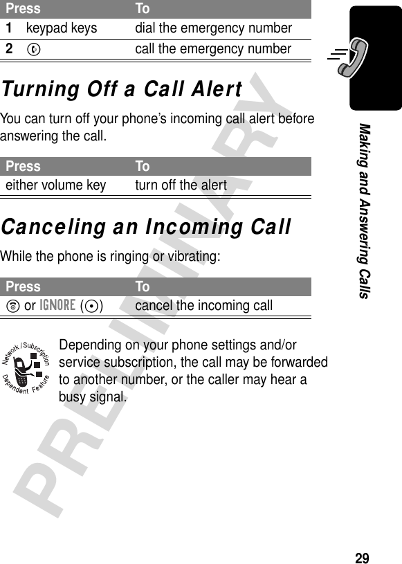 29PRELIMINARYMaking and Answering CallsTurning Off a Call AlertYou can turn off your phone’s incoming call alert before answering the call.Canceling an Incoming CallWhile the phone is ringing or vibrating:Depending on your phone settings and/or service subscription, the call may be forwarded to another number, or the caller may hear a busy signal.Press To1keypad keys dial the emergency number2N  call the emergency numberPress Toeither volume key turn off the alertPress ToO or IGNORE (-) cancel the incoming call