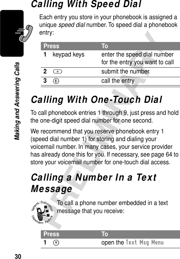 30PRELIMINARYMaking and Answering CallsCalling With Speed DialEach entry you store in your phonebook is assigned a unique speed dial number. To speed dial a phonebook entry:Calling With One-Touch DialTo call phonebook entries 1 through 9, just press and hold the one-digit speed dial number for one second.We recommend that you reserve phonebook entry 1 (speed dial number 1) for storing and dialing your voicemail number. In many cases, your service provider has already done this for you. If necessary, see page 64 to store your voicemail number for one-touch dial access.Calling a Number In a Text MessageTo call a phone number embedded in a text message that you receive:Press To1keypad keys enter the speed dial number for the entry you want to call2#  submit the number3N  call the entryPress To1M open the Text Msg Menu