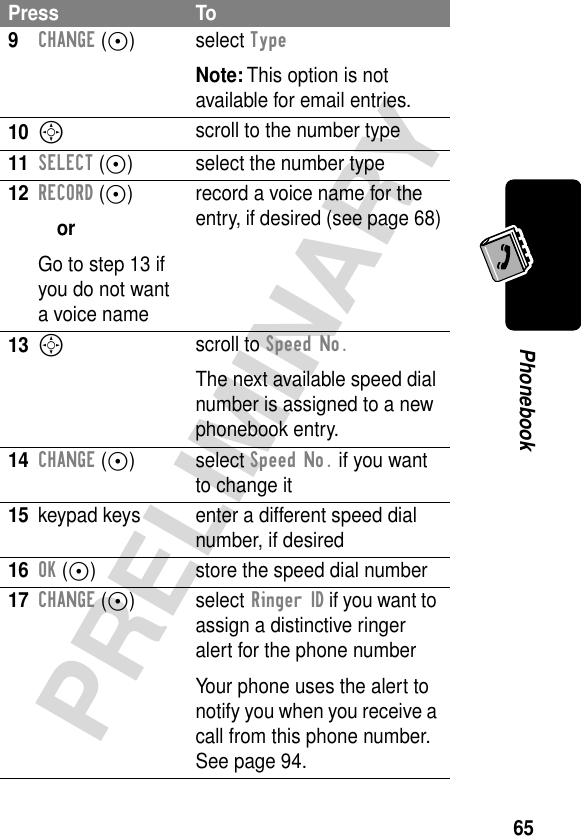 65PRELIMINARYPhonebook9CHANGE (+) select TypeNote: This option is not available for email entries.10S scroll to the number type11SELECT (+) select the number type12RECORD (+)orGo to step 13 if you do not want a voice namerecord a voice name for the entry, if desired (see page 68)13S scroll to Speed No.The next available speed dial number is assigned to a new phonebook entry.14CHANGE (+) select Speed No. if you want to change it15 keypad keys enter a different speed dial number, if desired16OK (+) store the speed dial number17CHANGE (+) select Ringer ID if you want to assign a distinctive ringer alert for the phone numberYour phone uses the alert to notify you when you receive a call from this phone number. See page 94.Press To