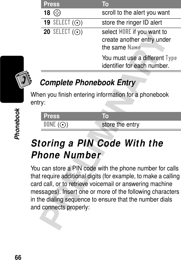 66PRELIMINARYPhonebookComplete Phonebook EntryWhen you ﬁnish entering information for a phonebook entry:Storing a PIN Code With the Phone NumberYou can store a PIN code with the phone number for calls that require additional digits (for example, to make a calling card call, or to retrieve voicemail or answering machine messages). Insert one or more of the following characters in the dialing sequence to ensure that the number dials and connects properly:18S scroll to the alert you want19SELECT (+) store the ringer ID alert20SELECT (+) select MORE if you want to create another entry under the same NameYou must use a different Type identiﬁer for each number.Press ToDONE (-) store the entryPress To